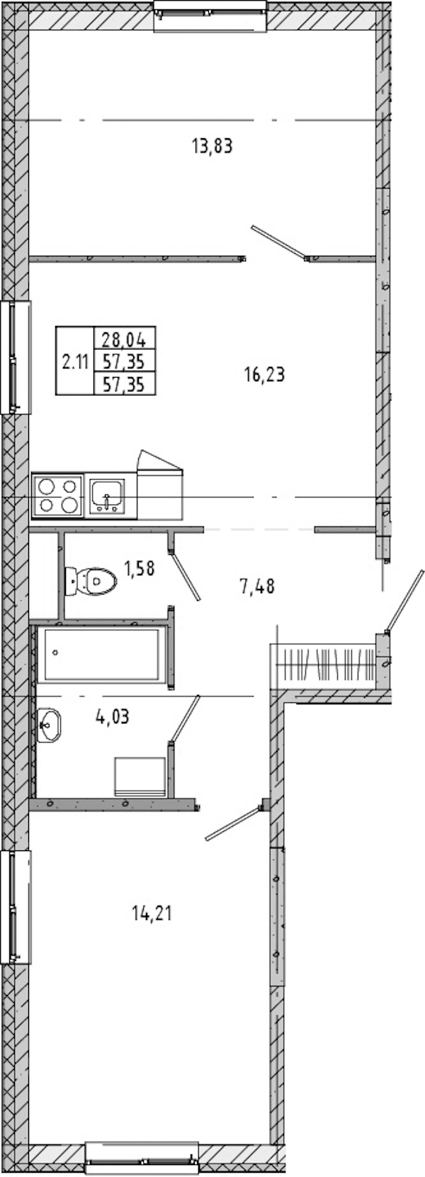 2-комнатная квартира 57.33 м², 2/21 эт., ЖК «Новые горизонты 2»